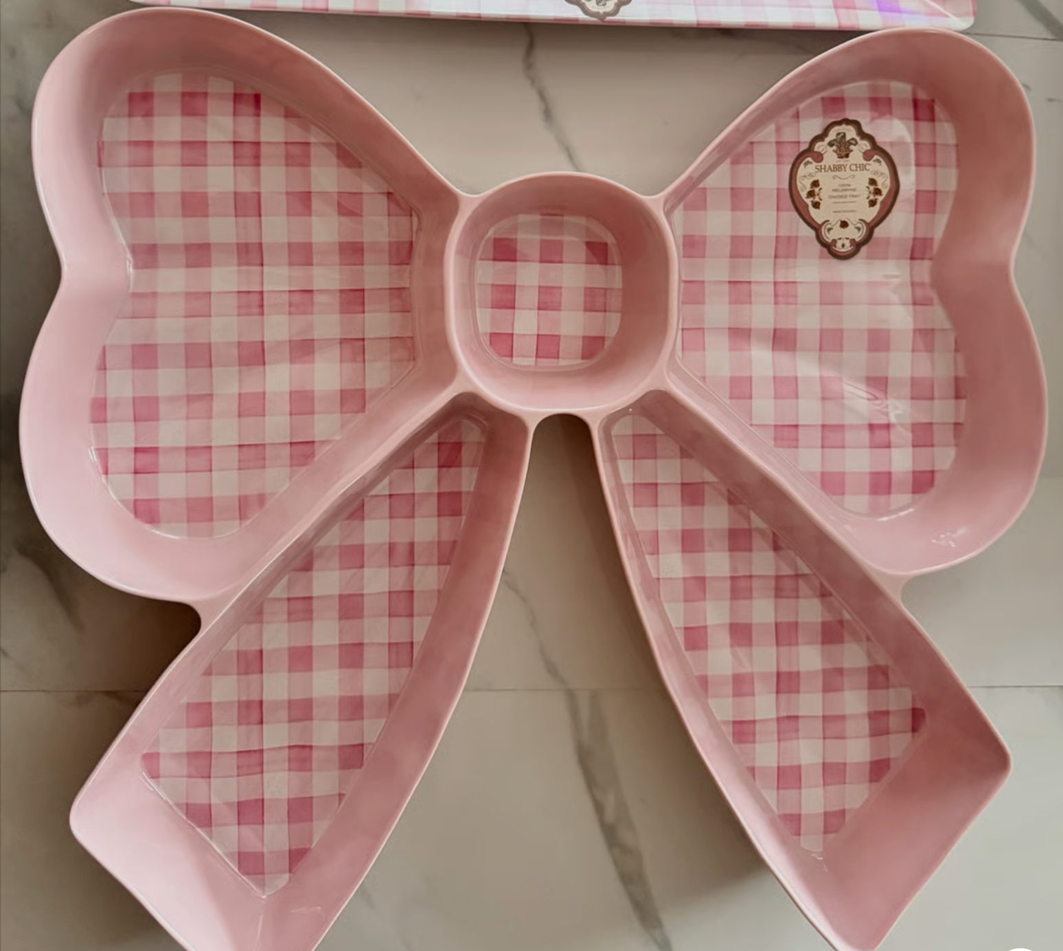 Pink Gingham Bow Serving Tray — 16″ × 15″