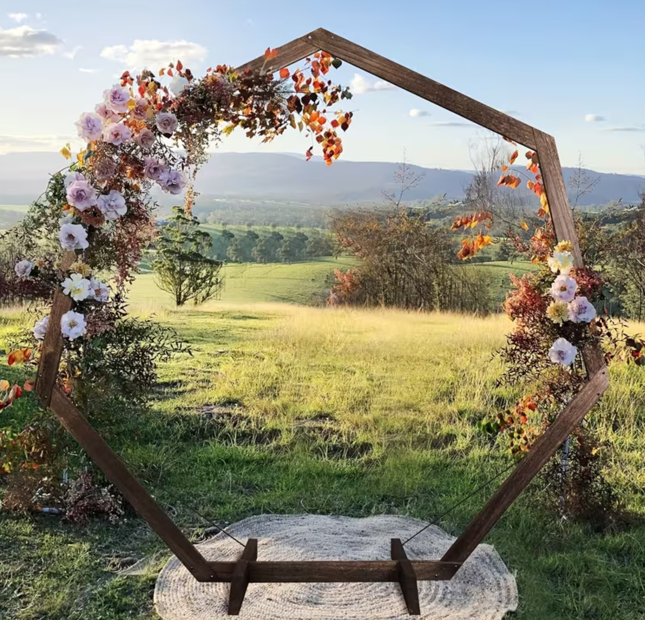 Heptagonal Wooden Wedding Arch – 7.2 ft Rustic Ceremony Frame