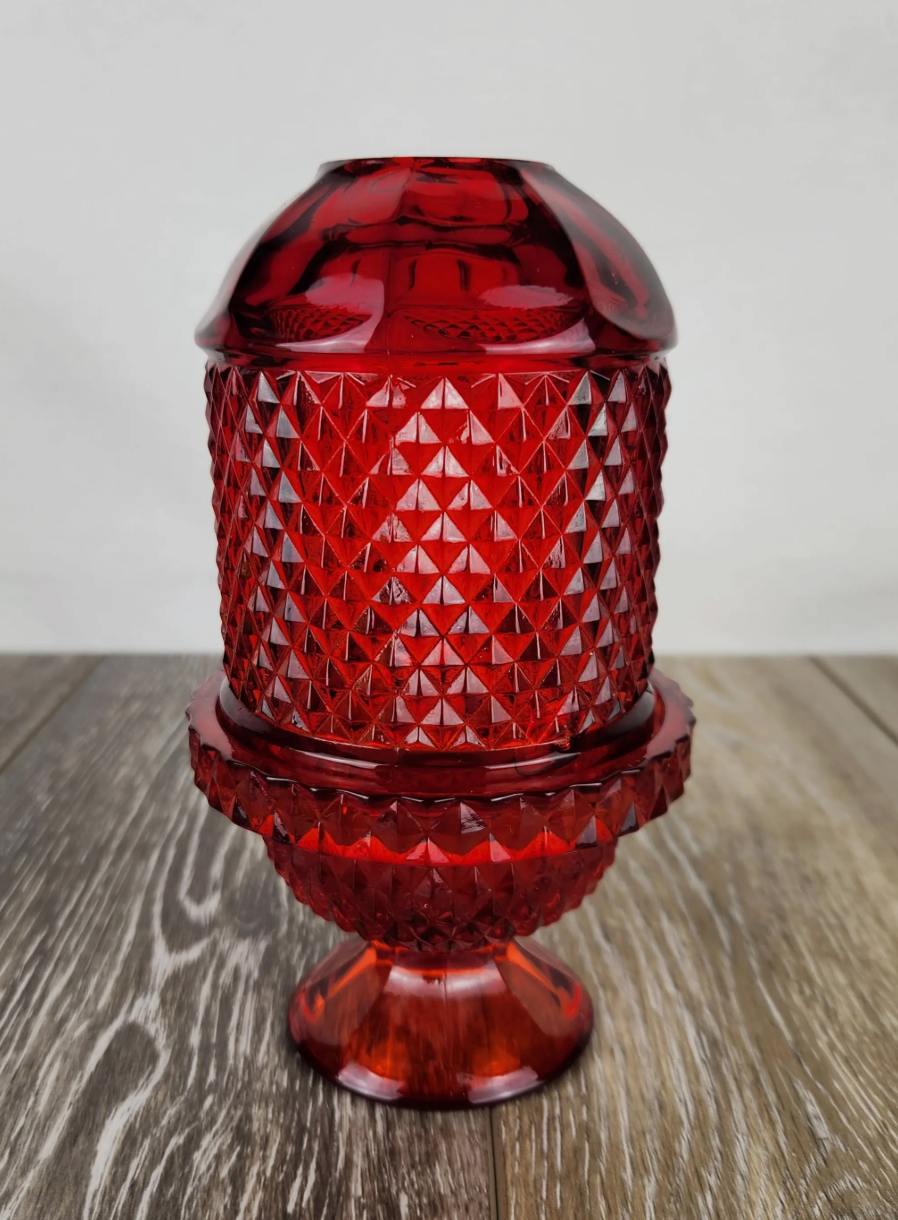 Vintage Viking Glass “Diamond Point” Fairy Lamp – Ruby Red