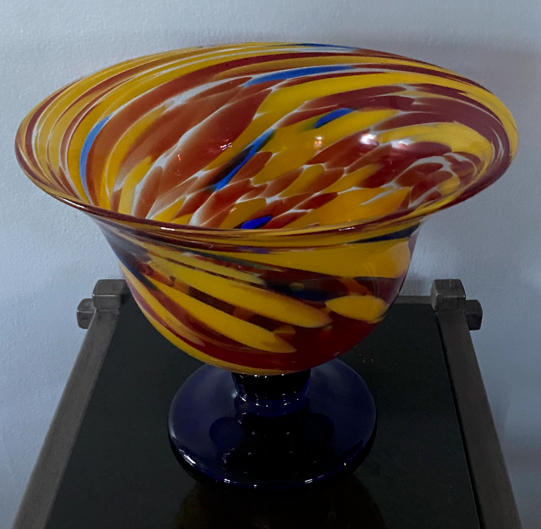 Pedestal Art Glass Bowl — Polychrome Swirl