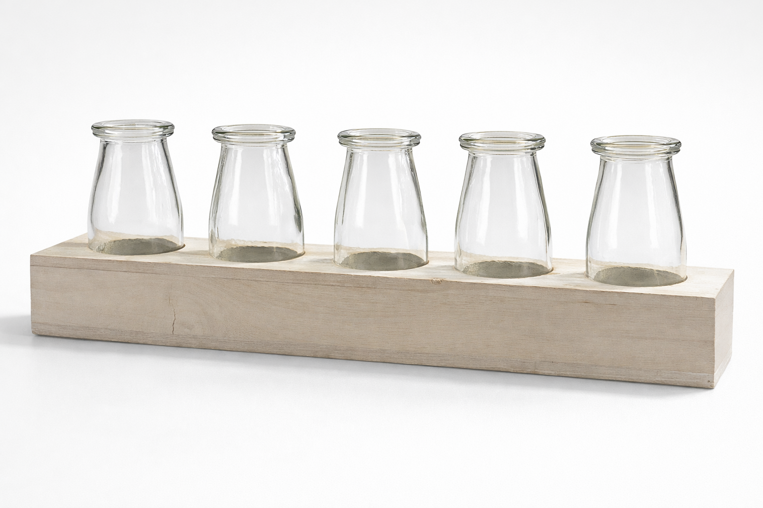 Five Glass Mini Bottled MilkVessels in Wood Cradle — 4″