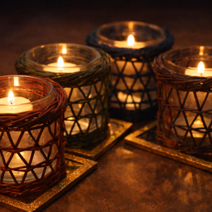 Glass votives encased in handwoven colored sleeves  (Quantity 4)