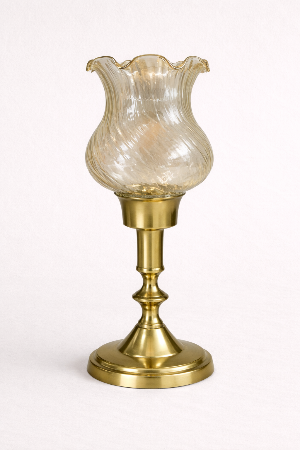 Vintage Brass & Ruffled Glass Hurricane Lamp – Approx. 10″ Height