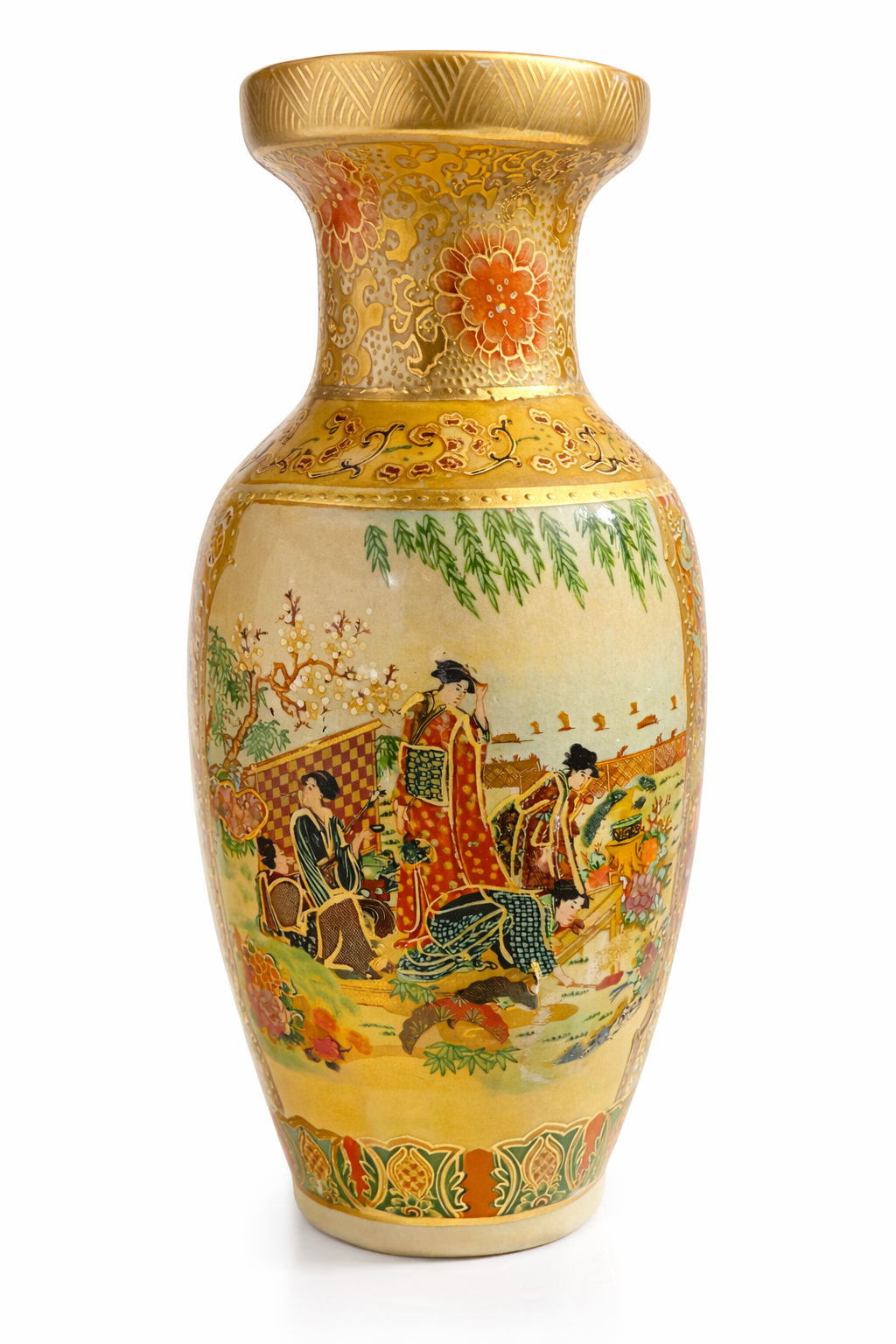 Satsuma-Style Porcelain Vase — Gilt Garden Scene – 10″