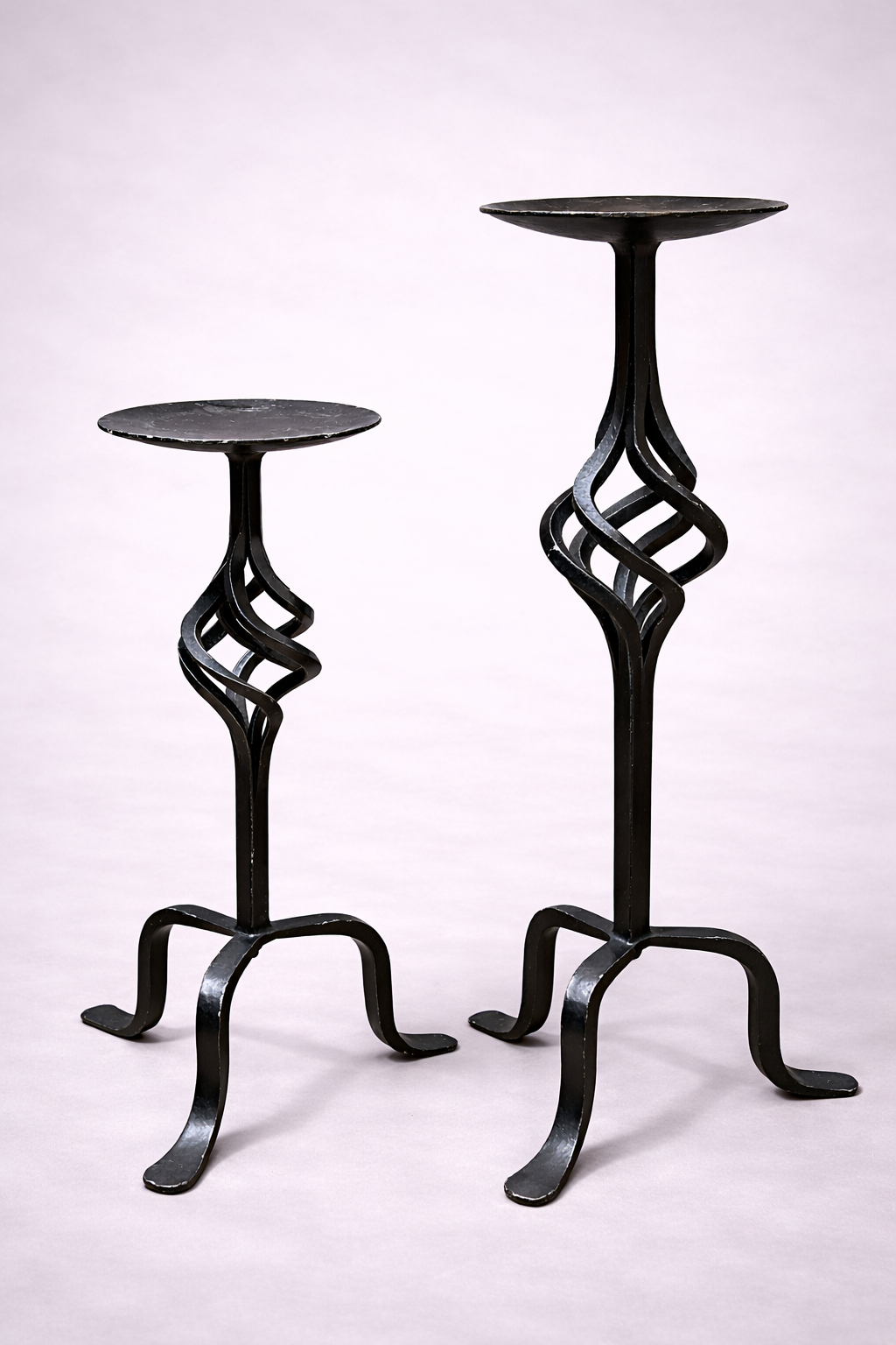 Hand-Forged Twisted Iron Candlestick Replicas – Graduated Pair | 15″ & 19″