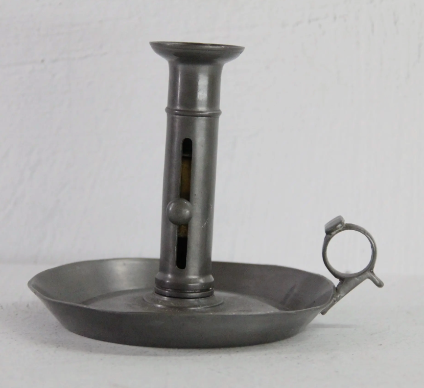 Danish Pewter Push-Up Candlestick Holder – 6 in diameter × 6 in tall.