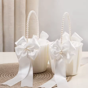 White Satin Flower Girl Petal Basket (Quantity 2)