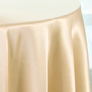 Ivory Satin Oblong Tablecloths and Round Overlays (Quantity 7)
