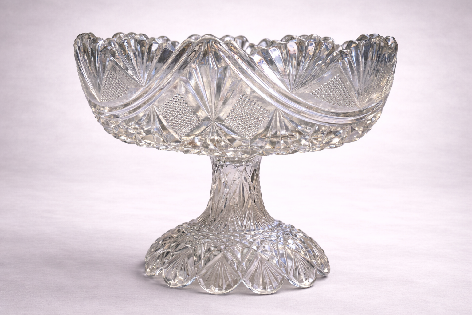 Pressed Glass Pedestal Compote — Diamond & Fan Pattern