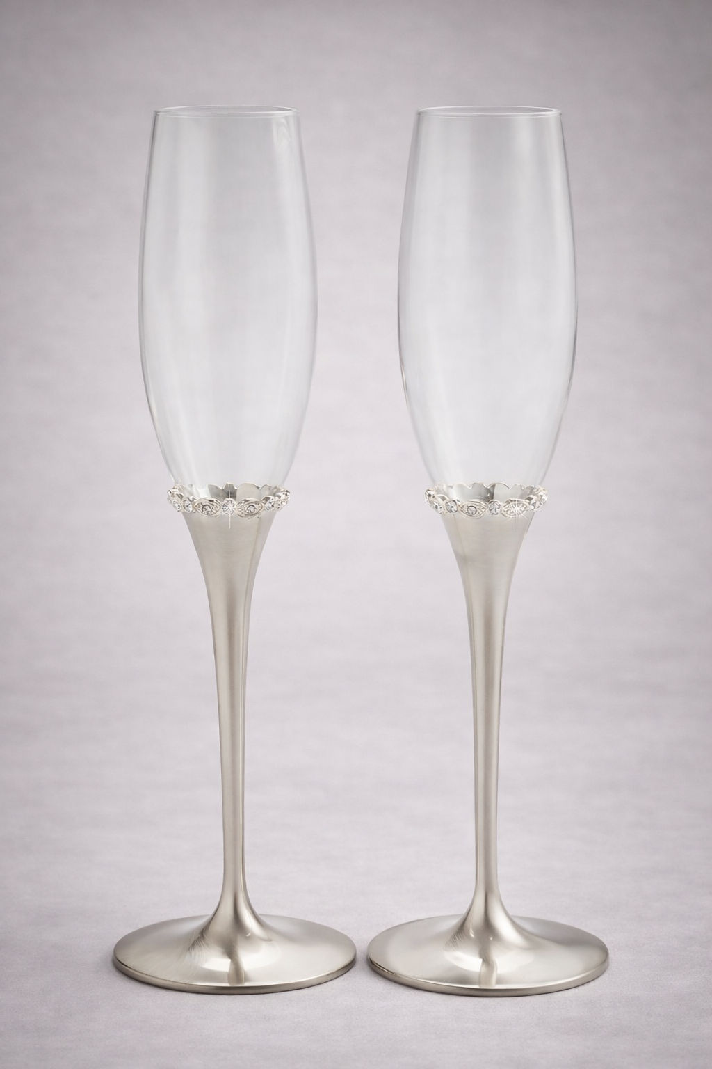 Silver Stem Champagne Toast Flutes with Crystal Detail