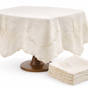 Bone White Butterfly Cutwork Tablecloth 34x34 with Napkins  (Quantity 1 cloth and 12 napkins)