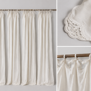 Provençal Cotton Curtains Panel with Lace Detail (Quantity 4 panels with 4 tiebacks)